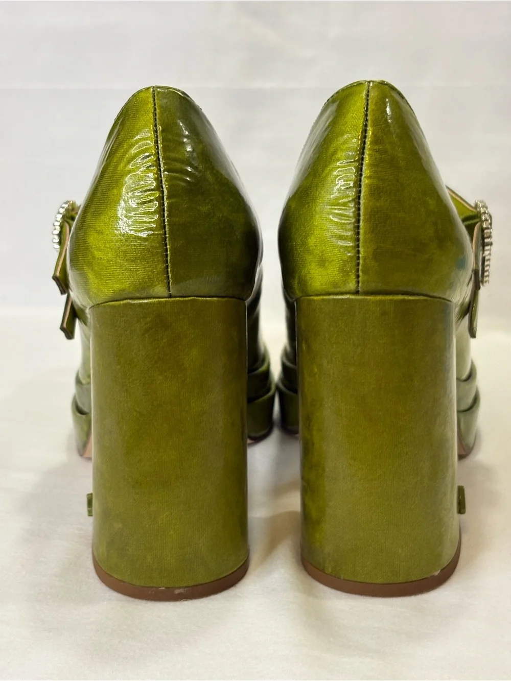 CIRCUS Chartreuse Patent Platform Mary Jane Pumps Crystal Buckles 6.5 EUC $159
